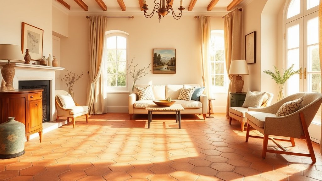 Carrelages tomettes hexagonales anciennes dans un intérieur provençal