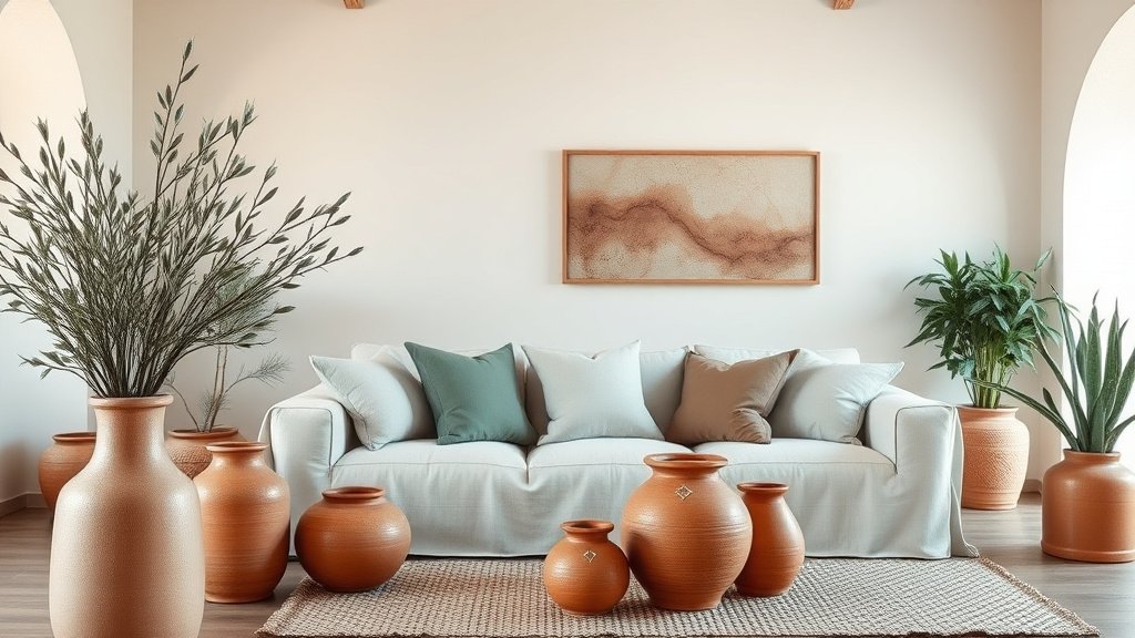 Salon décoré avec des touches terracotta et vert sauge