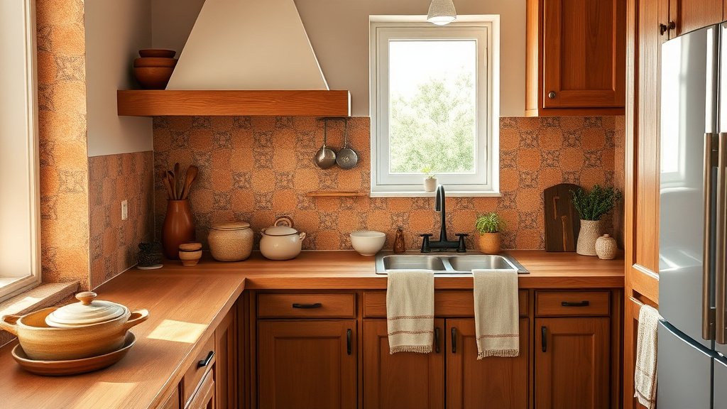 Cuisine aux tons terracotta avec mobilier en bois naturel