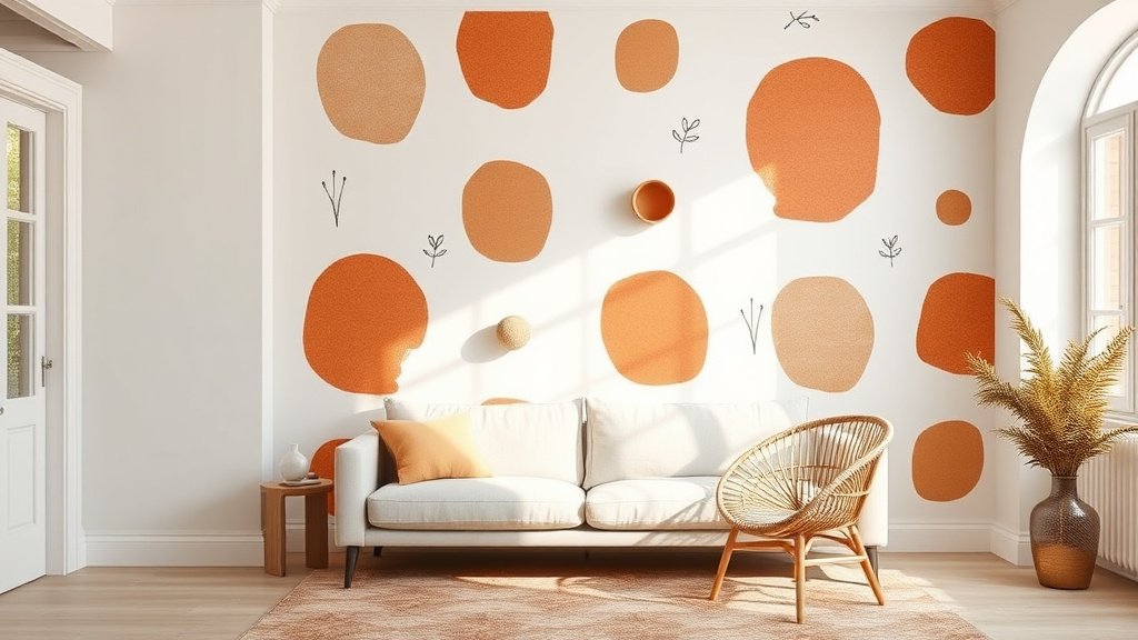 Tapisserie murale aux tons terracotta dans un salon épuré