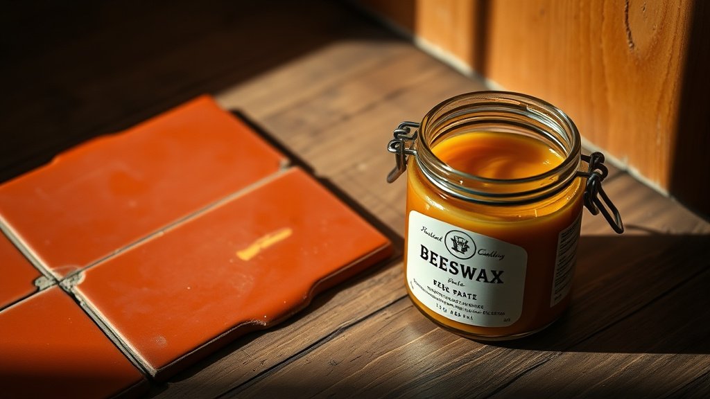Pot de cire d'abeille ouvert à côté d'une tomette