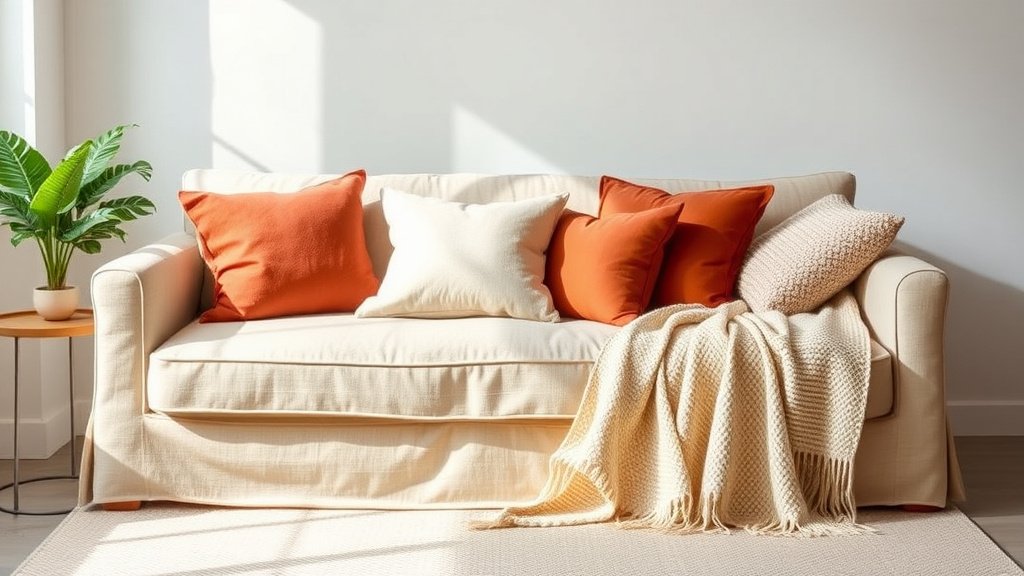 Coussins 40x40 terracotta en lin et velours sur un canapé beige