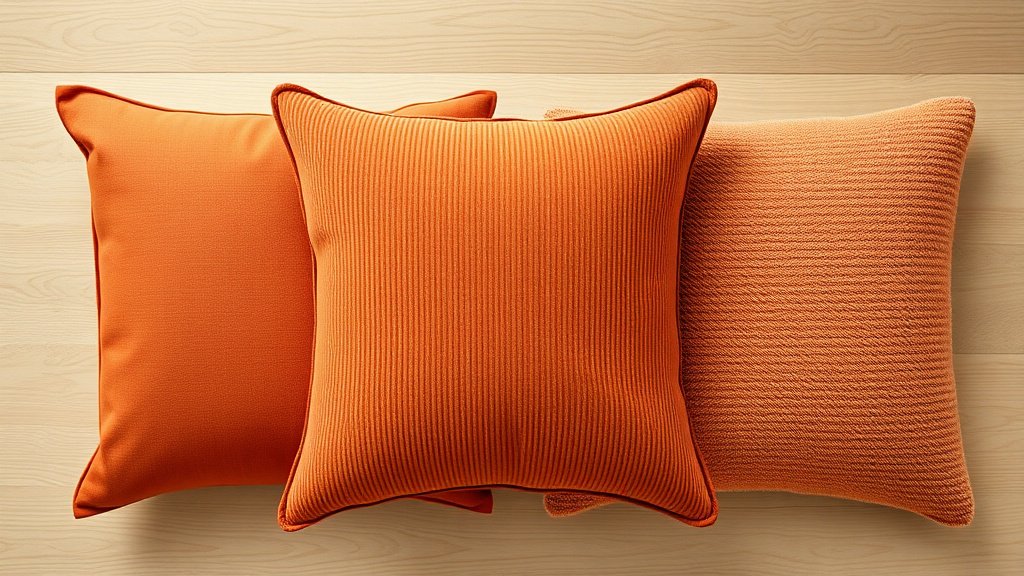 Textures de housses de coussin terracotta : lin, velours, coton