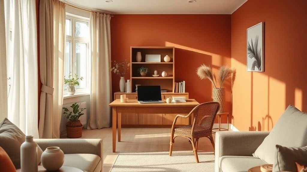 Coin bureau terracotta intégré dans un salon lumineux avec bois, lin et céramique