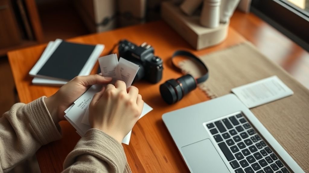 Mains organisant du matériel de bureau sur un bureau terracotta avec bois et lin
