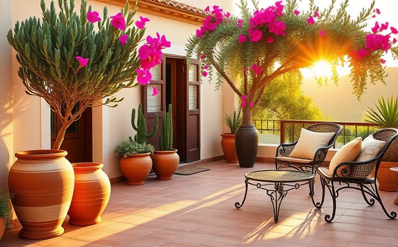 Terrasse extérieure terracotta avec plantes