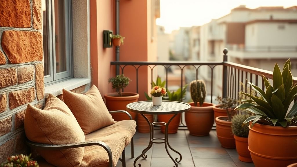 Petit balcon urbain décoré en terracotta avec plantes, textiles doux et mobilier romantique en lumière naturelle