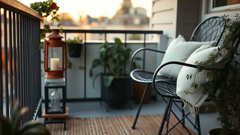 Coin de balcon avec lanterne, coussin et tapis d’extérieur dans une ambiance terracotta chaleureuse