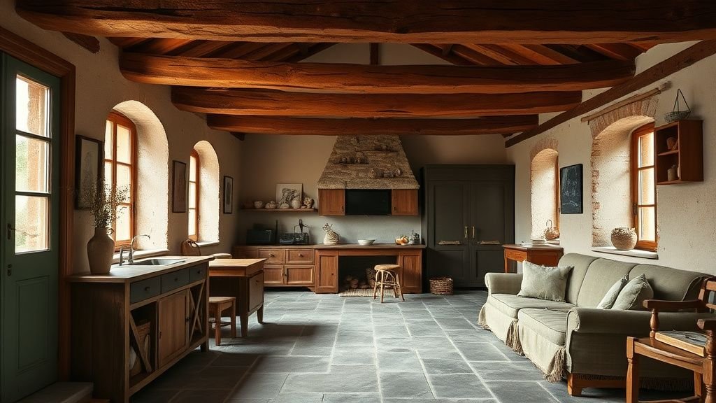 Intérieur de maison de campagne avec accents terracotta, bois ancien, pierre et linge clair dans une lumière naturelle