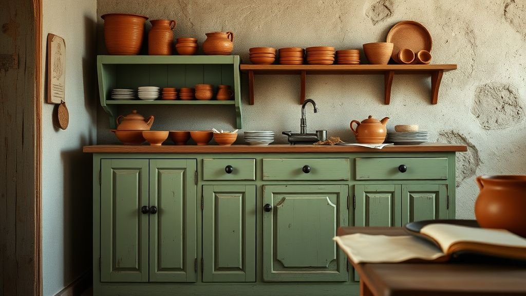 Coin cuisine rustique avec vaisselle en terre cuite, meuble peint vert et matières naturelles sous lumière douce