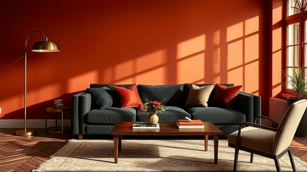 Salon glamour rock aux tons terracotta avec canapé sombre, laiton vieilli et lumière naturelle chaleureuse