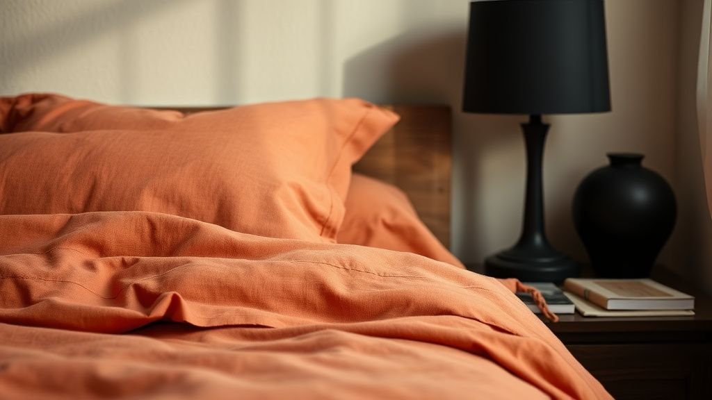 Chambre terracotta avec linge de lit texturé, lampe noire mate et ambiance feutrée