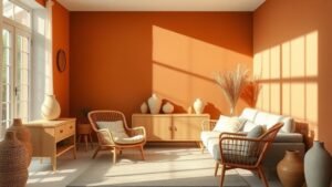 Intérieur californien lumineux avec murs terracotta, bois clair, lin et rotin dans une ambiance vintage