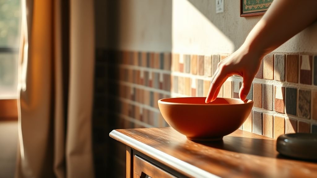 Main déposant un bol en céramique terracotta sur une console en bois près de zelliges et d’un rideau en lin