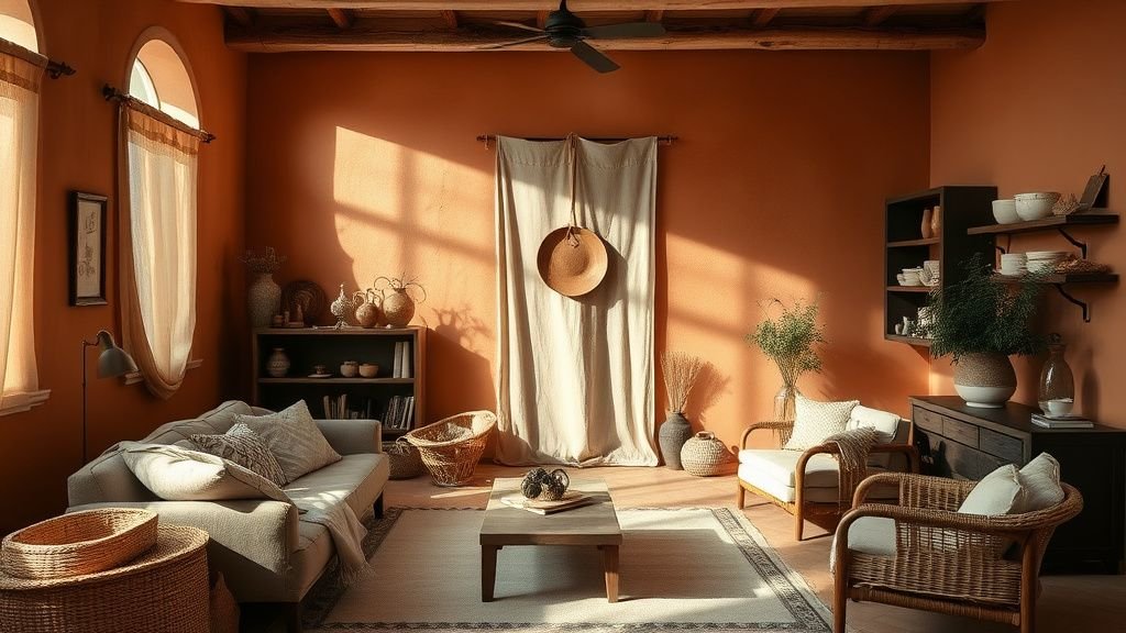 Salon bohème aux tons terracotta avec étagères ouvertes, céramiques artisanales et textiles en lin