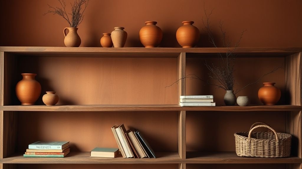 Étagères ouvertes décorées de poteries terracotta, bois brut et matières naturelles dans une ambiance chaude