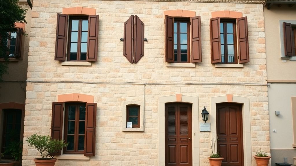 Façade imitation pierre aux tons chauds avec accents terracotta et volets en bois