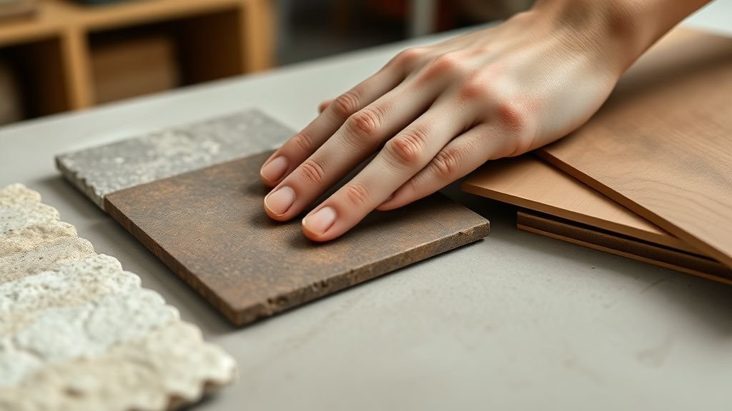 Main touchant des échantillons de façade imitation pierre et d’enduit terracotta sur un plan de travail