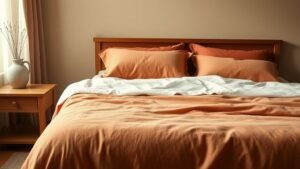 Chambre lumineuse avec linge de lit terracotta en lin, bois clair et ambiance chaleureuse