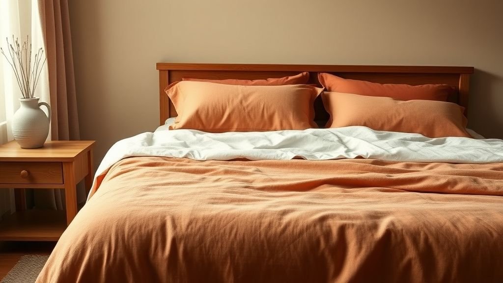 Chambre lumineuse avec linge de lit terracotta en lin, bois clair et ambiance chaleureuse