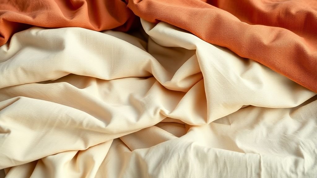 Gros plan sur des textures de linge de lit terracotta, lin lavé et tons sable dans une chambre douce