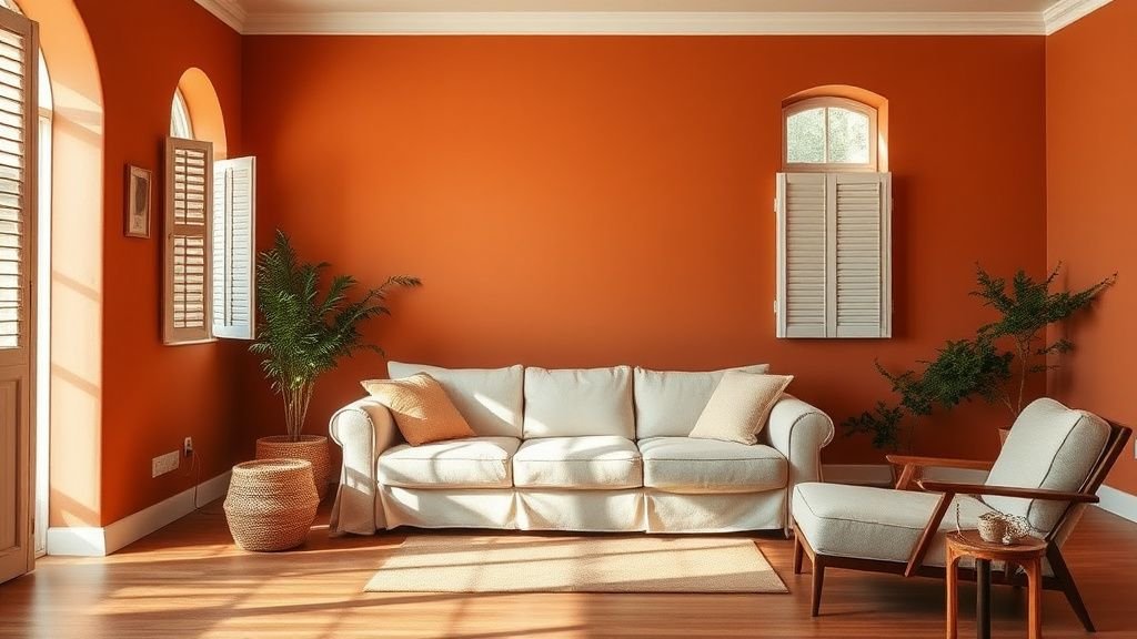 Salon aux murs peints en terracotta clair avec lumière naturelle