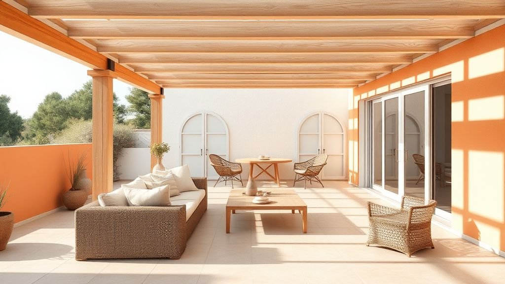 Pergola en bois clair avec accents terracotta devant une baie vitrée et un intérieur lumineux