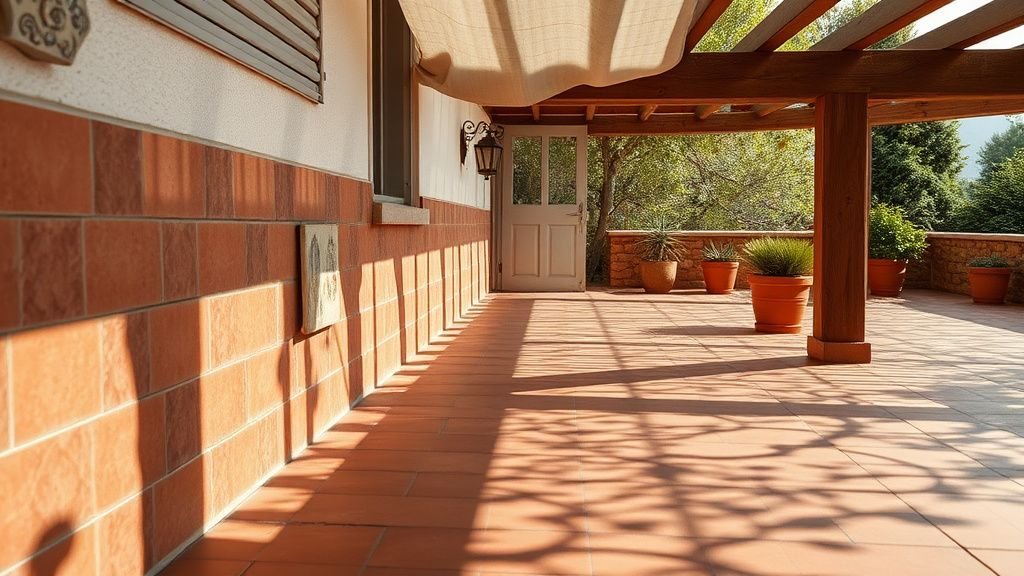 Détails de terre cuite, zellige et bois sous une pergola avec ombres douces sur la terrasse