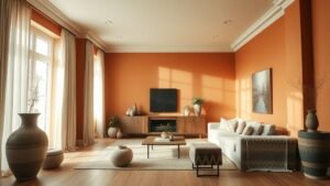 Salon d’appartement rénové avec murs terracotta, parquet en bois clair et lumière naturelle