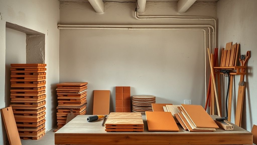 Chantier d’appartement avec matériaux terracotta, murs bruts et outils de rénovation