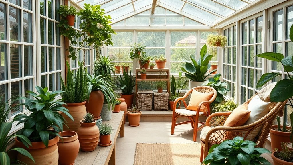 Serre de jardin aménagée avec pots terracotta, bois clair et lumière naturelle