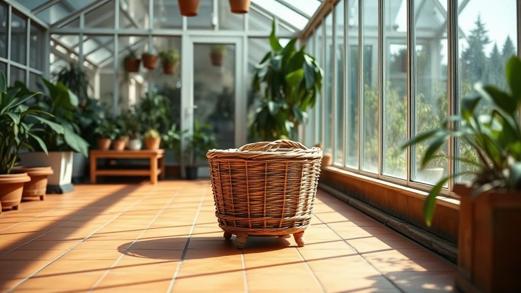 Intérieur de serre de jardin avec tomettes, table en bois et jardinières terracotta