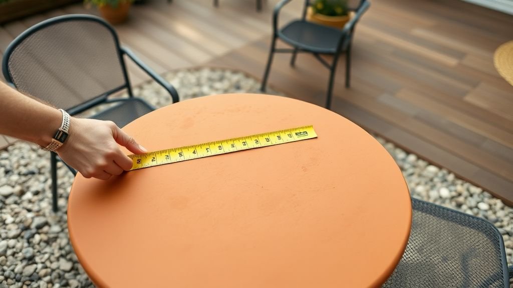 Main mesurant une table terracotta d’extérieur pour bien choisir ses dimensions