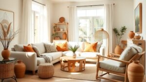 Salon lumineux aux tons terracotta avec canapé en lin, bois clair et lumière naturelle