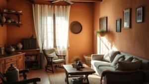 Intérieur chaleureux avec antiquités, bois patiné et murs terracotta dans une ambiance douce et contemporaine