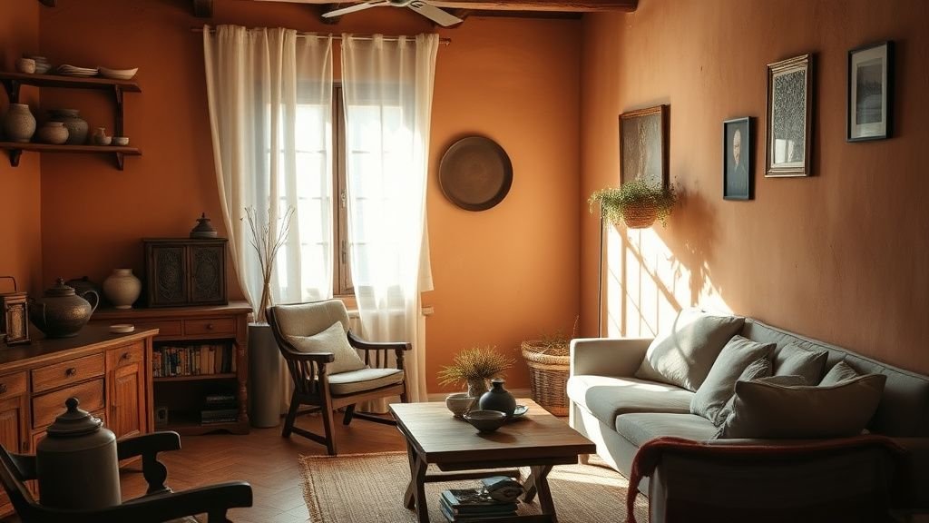 Intérieur chaleureux avec antiquités, bois patiné et murs terracotta dans une ambiance douce et contemporaine