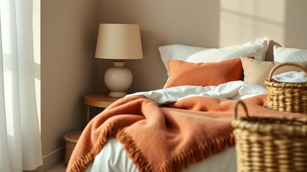 Coin chambre avec linge de lit terracotta, murs beiges et lampe en céramique artisanale
