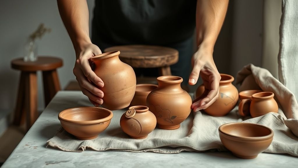 Mains disposant des objets anciens sur une table en enduit clair avec des tons terracotta et des matières brutes