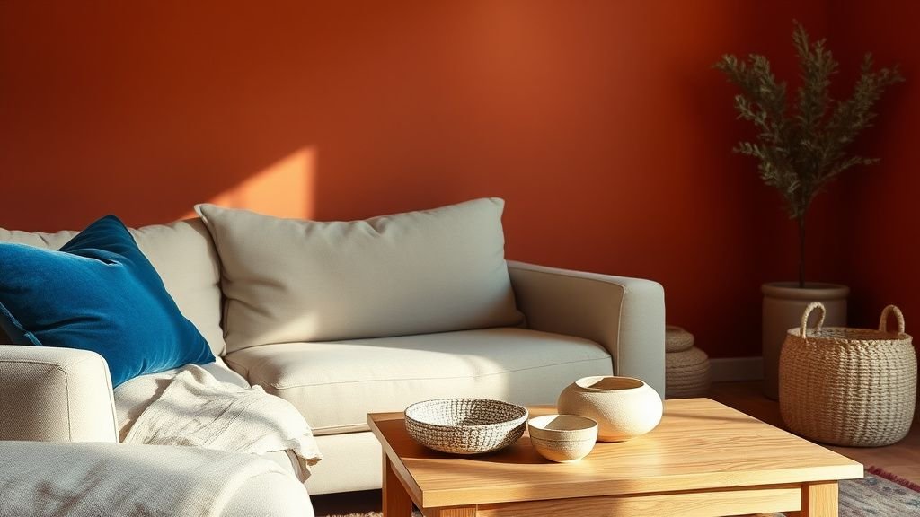 Salon chaleureux avec terracotta et bleu indigo, lin naturel, bois clair et céramiques artisanales