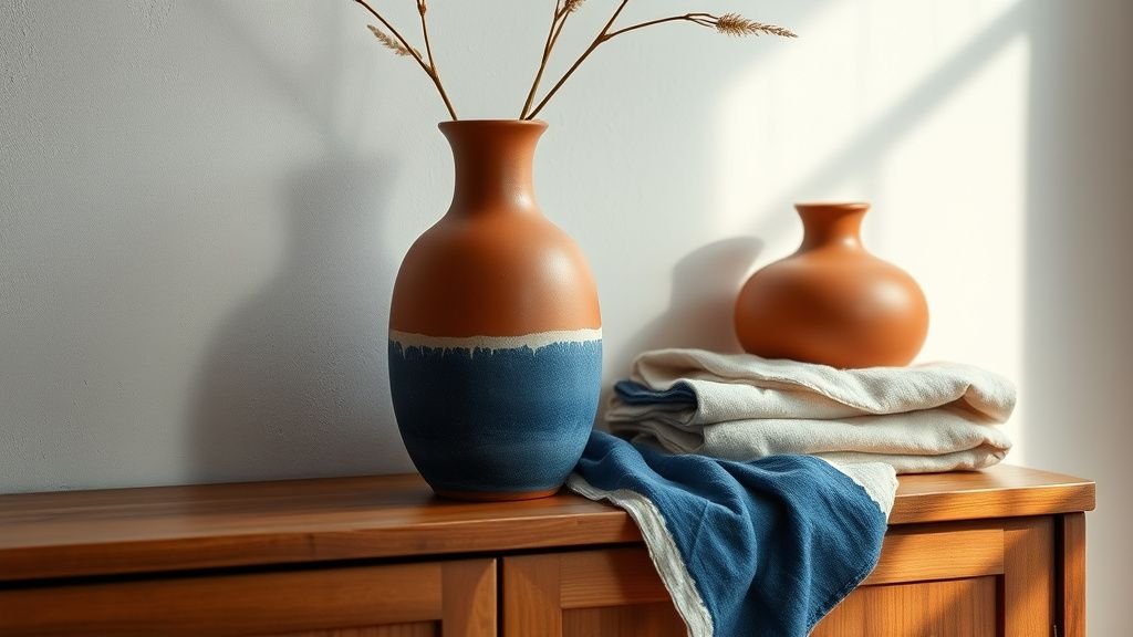 Détail déco avec vase en terre cuite, textile bleu indigo et bois naturel sous lumière douce