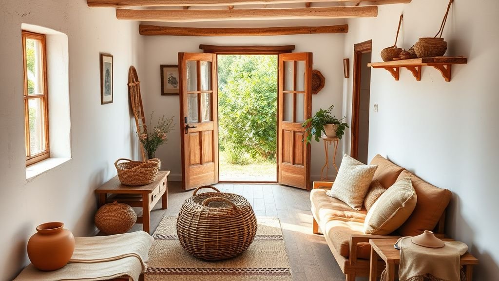 Intérieur de cabane d’été avec accents terracotta, bois brut et textiles en lin sous lumière naturelle