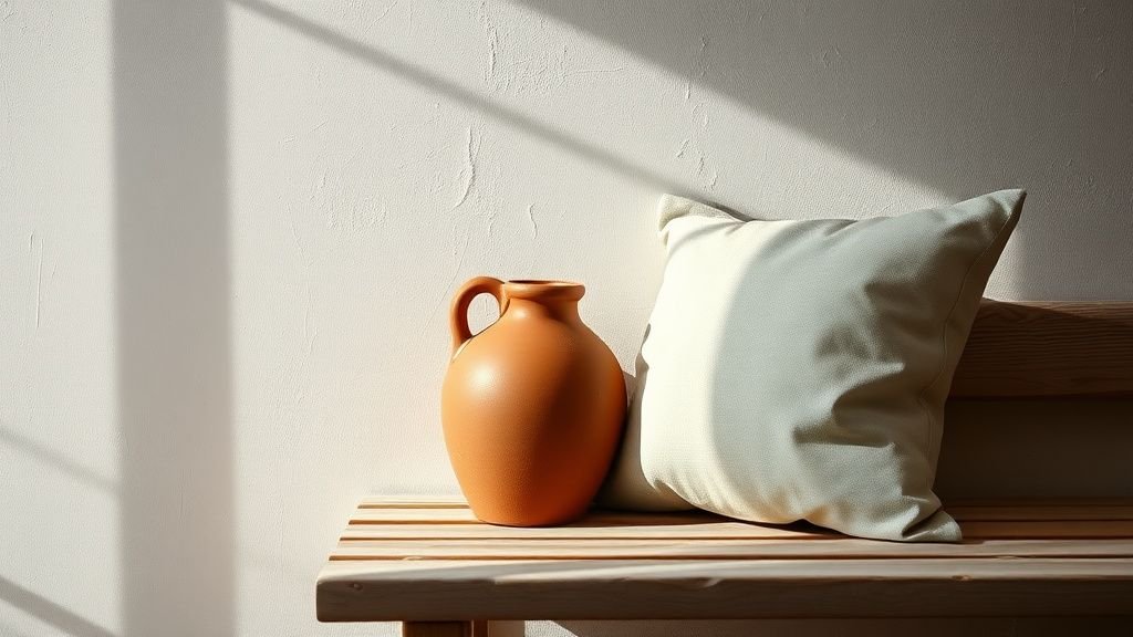 Gros plan sur une banquette en bois, une jarre terracotta et un mur à la chaux texturé