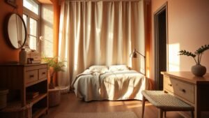 Studio chaleureux avec lit dissimulé derrière un rideau en lin et palette terracotta lumineuse