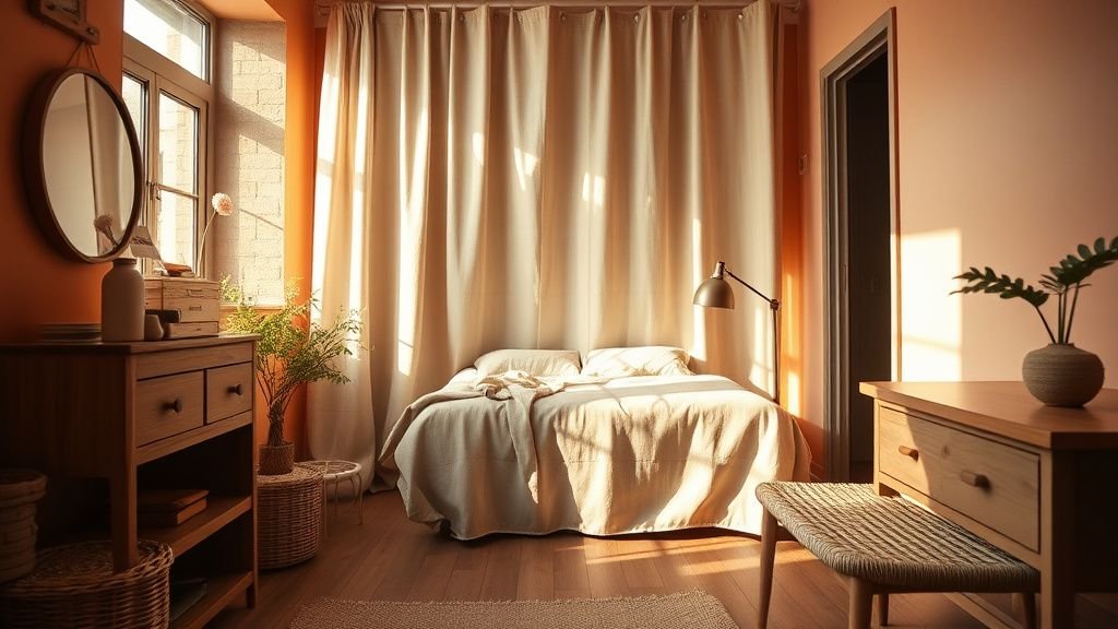 Studio chaleureux avec lit dissimulé derrière un rideau en lin et palette terracotta lumineuse