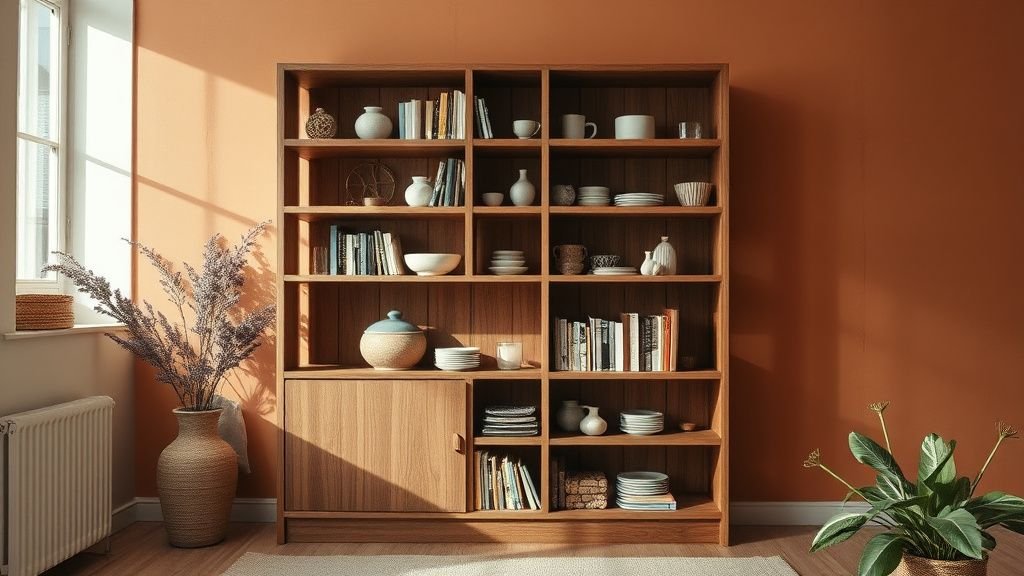 Bibliothèque séparant l’espace nuit dans un studio aux tons terracotta et matières naturelles