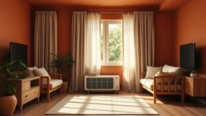 Salon terracotta lumineux avec appareil de climatisation discret intégré comme un meuble bas
