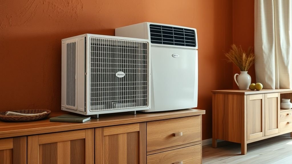 Mains plaçant un module de climatisation discret dans un intérieur terracotta avec bois et lin