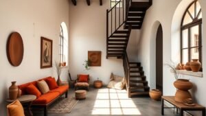 Intérieur de duplex ancien avec accents terracotta, escalier en bois sombre et lumière naturelle douce