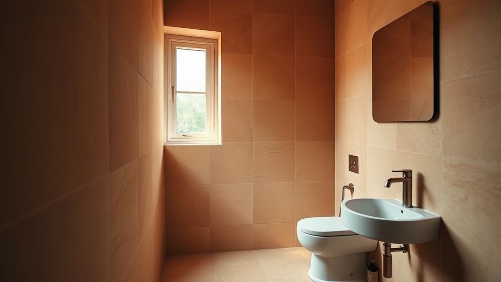 Salle de bains aux tons terracotta avec lumière naturelle, carrelage minéral et finitions mates