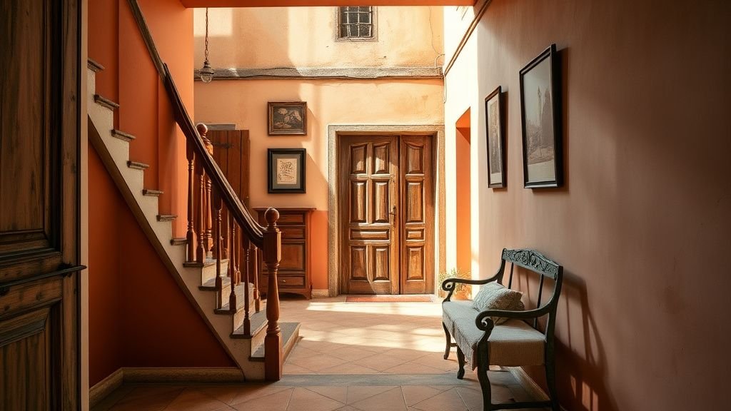 Entrée terracotta avec escalier ancien, murs clairs, bois patiné et lumière naturelle douce
